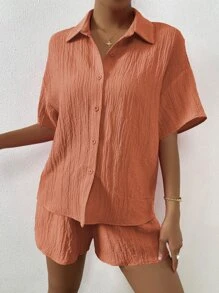 SHEIN Unity Solid Drop Shoulder Shirt & Shorts Set - Burnt Orange - View 5