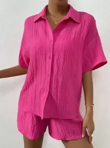 SHEIN Unity 素色落肩袖上衣和短褲套裝 - 玫紅色 - 查看 5