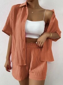 SHEIN Unity Solid Drop Shoulder Shirt & Shorts Set - Burnt Orange - View 6