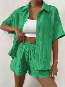 Flirla Solid Drop Shoulder Shirt & Shorts Set - Green - View 6