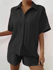 Flirla 素色落肩袖上衣和短褲套裝