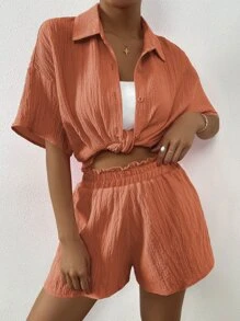 SHEIN Unity Solid Drop Shoulder Shirt & Shorts Set - Burnt Orange - View 7