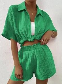 Flirla Solid Drop Shoulder Shirt & Shorts Set - Green - View 7