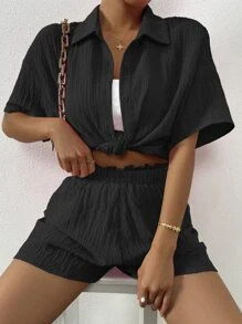 Flirla 素色落肩袖上衣和短褲套裝