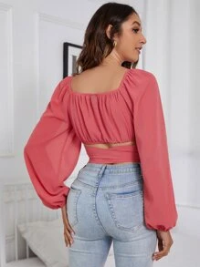 Breezaya 胸部褶皺燈籠袖前打結短款襯衫 - 西瓜粉 - 查看 2