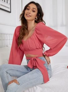 Breezaya 胸部褶皺燈籠袖前打結短款襯衫 - 西瓜粉 - 查看 3