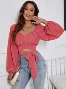 Breezaya 胸部褶皺燈籠袖前打結短款襯衫 - 西瓜粉 - 查看 4