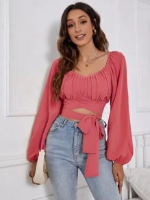 Breezaya 胸部褶皺燈籠袖前打結短款襯衫 - 西瓜粉 - 查看 5