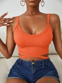 SHEIN SXY Neon Orange Cutout Rib Knit Tank Top - Burnt Orange - View 1