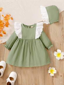 Đầm em bé Tranh thêu màu trơn Dễ thương - xanh quân đội - Xem 1