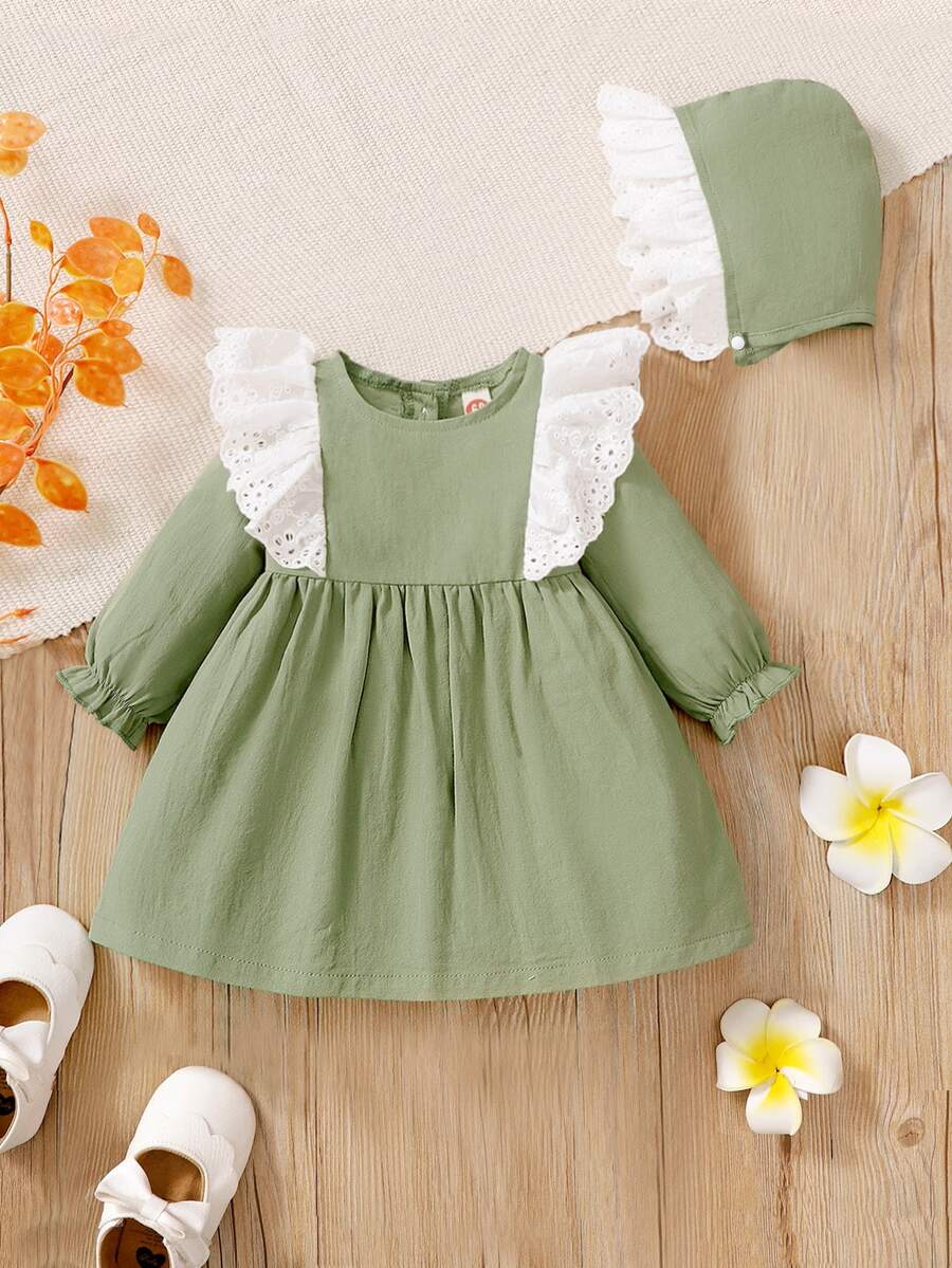 Đầm em bé Tranh thêu màu trơn Dễ thương - xanh quân đội - Xem 1