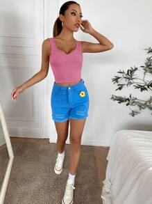 Chiquease Top Corto Sin Mangas De Punto Acanalado De Cuello En V, Adecuado Para El Verano - Rosa vieja - Ver 4