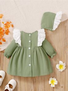 Đầm em bé Tranh thêu màu trơn Dễ thương - xanh quân đội - Xem 2