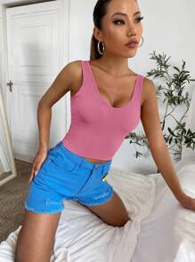 Chiquease Top Corto Sin Mangas De Punto Acanalado De Cuello En V, Adecuado Para El Verano - Rosa vieja - Ver 5