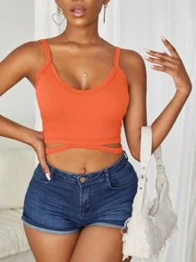 SHEIN SXY Neon Orange Cutout Rib Knit Tank Top - Burnt Orange - View 3