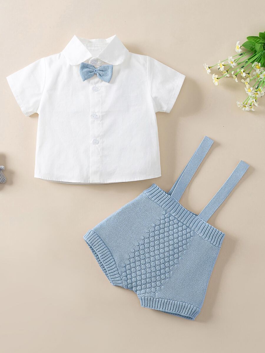 男嬰前蝴蝶結襯衫和紋理質感背帶針織短褲 - 藍白色 - 查看 1