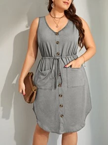 Vestido con cordón delantero con diseño con bolsillo bajo asimétrico - Gris - Ver 1