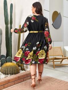 Mulvari Plus Floral Wrap Belted A-line Dress - Black - View 2