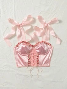 SHEIN MOD Áo hai dây Đề can Thắt nút Ren lên Khối Màu Hấp dẫn - Màu Hồng baby - Xem 1