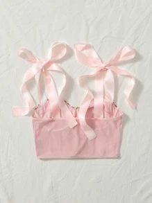 SHEIN MOD Áo hai dây Đề can Thắt nút Ren lên Khối Màu Hấp dẫn - Màu Hồng baby - Xem 2