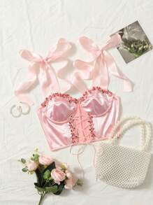 SHEIN MOD Áo hai dây Đề can Thắt nút Ren lên Khối Màu Hấp dẫn - Màu Hồng baby - Xem 3