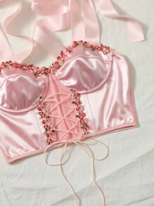 SHEIN MOD Áo hai dây Đề can Thắt nút Ren lên Khối Màu Hấp dẫn - Màu Hồng baby - Xem 4