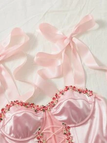 SHEIN MOD Áo hai dây Đề can Thắt nút Ren lên Khối Màu Hấp dẫn - Màu Hồng baby - Xem 5