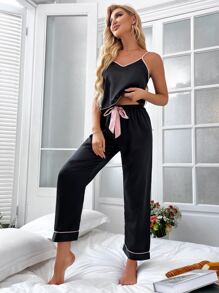 Contrast Binding Knot Front Satin PJ Set / Pajama Set With Eye Shield - Black - View 3