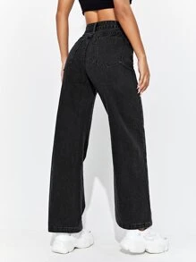 SHEIN PETITE 高腰拉鏈門襟闊腿牛仔褲 - 黑色 - 查看 2