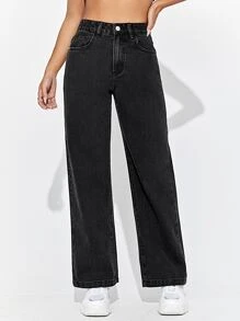 SHEIN PETITE 高腰拉鏈門襟闊腿牛仔褲 - 黑色 - 查看 4