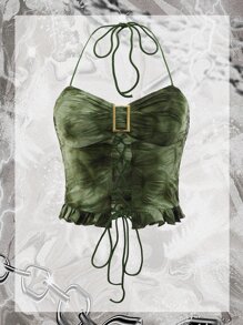 SHEIN ICON Grunge Tie Dye Lace Up Front Ruffle Trim Backless Crop Halter Top Without Gloves - Green - View 1