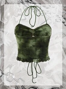 SHEIN ICON Grunge Tie Dye Lace Up Front Ruffle Trim Backless Crop Halter Top Without Gloves - Green - View 2