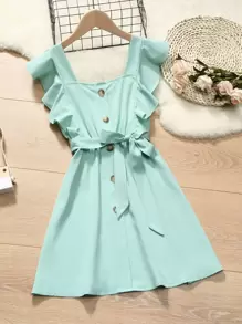 SHEIN Đầm Gái Thắt lưng Xù Nút phía trước màu trơn Dễ thương - Màu xanh Bạc hà - Xem 1