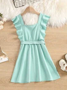 SHEIN Đầm Gái Thắt lưng Xù Nút phía trước màu trơn Dễ thương - Màu xanh Bạc hà - Xem 2