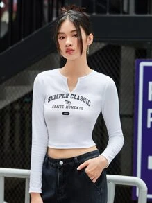 Mulvari 女性字母圖案缺口領T恤 - 白色 - 查看 1