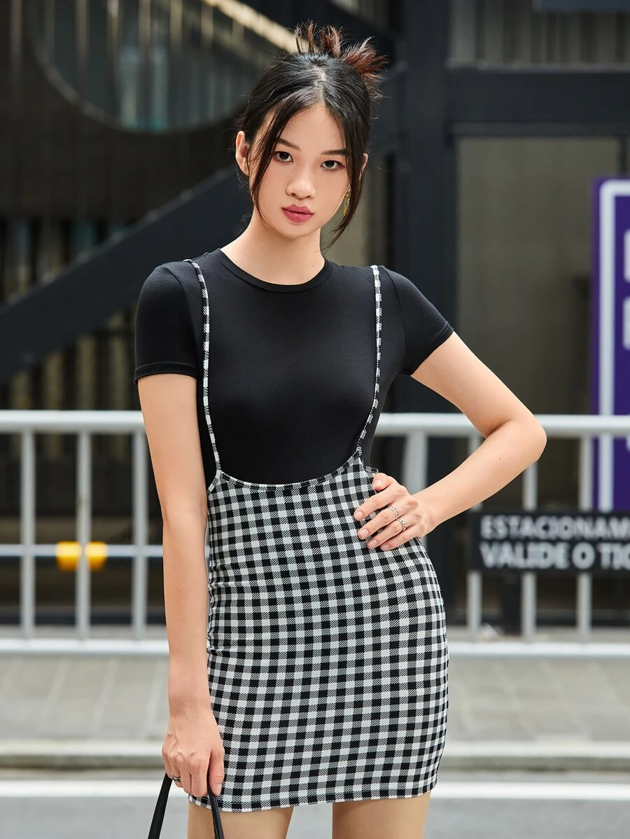 SHEIN Essnce Gingham Overall Dress - Black and White - View 1