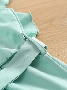 SHEIN Đầm Gái Thắt lưng Xù Nút phía trước màu trơn Dễ thương - Màu xanh Bạc hà - Xem 3