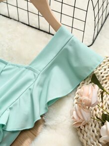 SHEIN Đầm Gái Thắt lưng Xù Nút phía trước màu trơn Dễ thương - Màu xanh Bạc hà - Xem 4