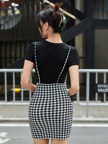 SHEIN Essnce Gingham Overall Dress - Black and White - View 2