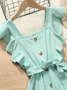 SHEIN Đầm Gái Thắt lưng Xù Nút phía trước màu trơn Dễ thương - Màu xanh Bạc hà - Xem 5