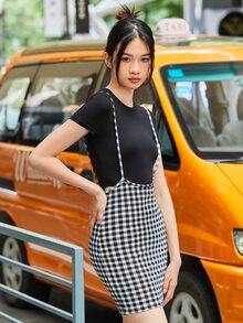 SHEIN Essnce Gingham Overall Dress - Black and White - View 3