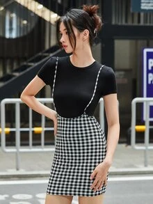SHEIN Essnce Gingham Overall Dress - Black and White - View 4