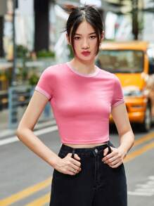 Muchica เสื้อยืด แต่งรอบคอและแขนสีตัด คอกลม - สีชมพู - ดู 1