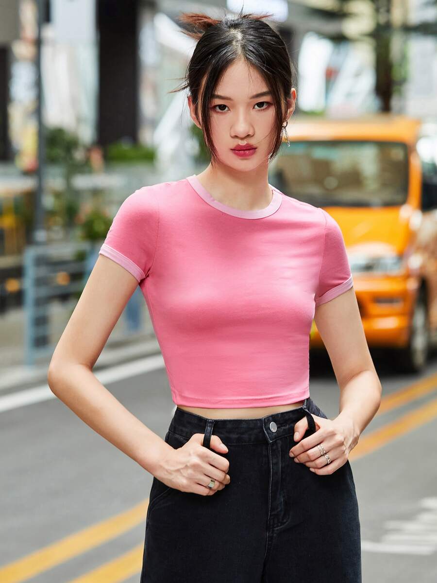 Muchica เสื้อยืด แต่งรอบคอและแขนสีตัด คอกลม - สีชมพู - ดู 1