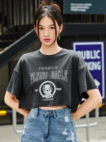 SHEIN EZwear Drop Shoulder Letter Graphic Tee - Grey - View 1