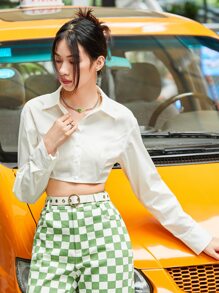 SHEIN BAE Solid Crop Shirt,Long Sleeve Tops - White - View 1