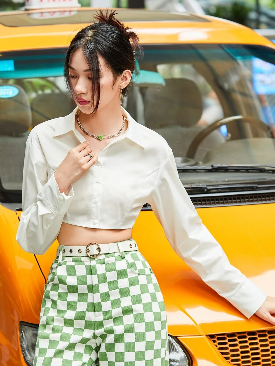 SHEIN BAE Solid Crop Shirt,Long Sleeve Tops - White - View 1