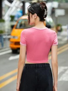 Muchica เสื้อยืด แต่งรอบคอและแขนสีตัด คอกลม - สีชมพู - ดู 2