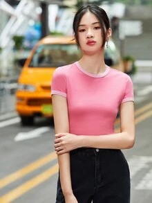 Muchica เสื้อยืด แต่งรอบคอและแขนสีตัด คอกลม - สีชมพู - ดู 4