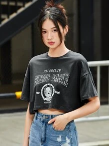 SHEIN EZwear Drop Shoulder Letter Graphic Tee - Grey - View 3